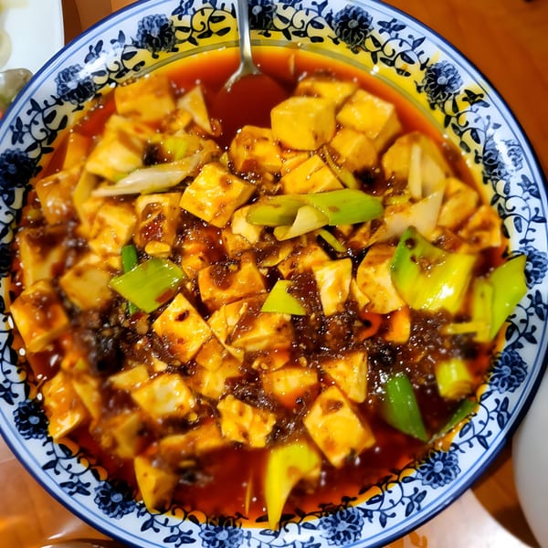 A close-up of Peppercorns Kitchen's Mapo Tofu, featuring cubes of tofu in a spicy red sauce with green onions.