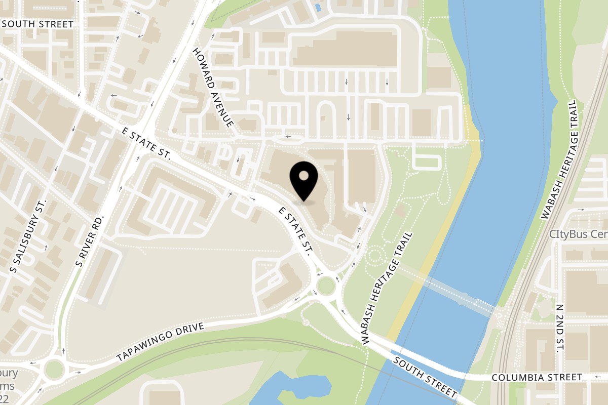 Map showing the location of Peppercorns Kitchen on 360 E State St in West Lafayette